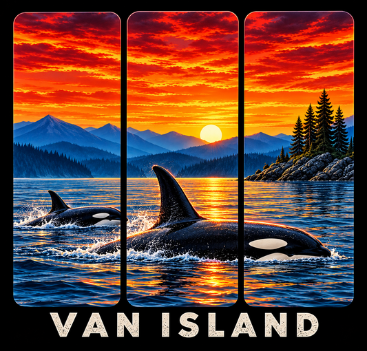 Van Island orcas at sunset with mountains, ocean and evergreen trees in three panels on a black background