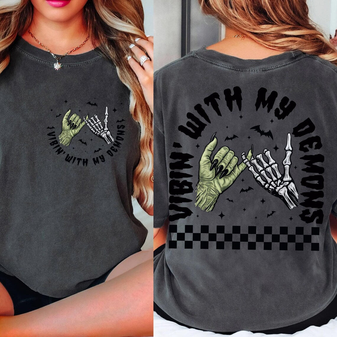 Vibin With My Demons DTF transfer shown on charcoal T-shirt