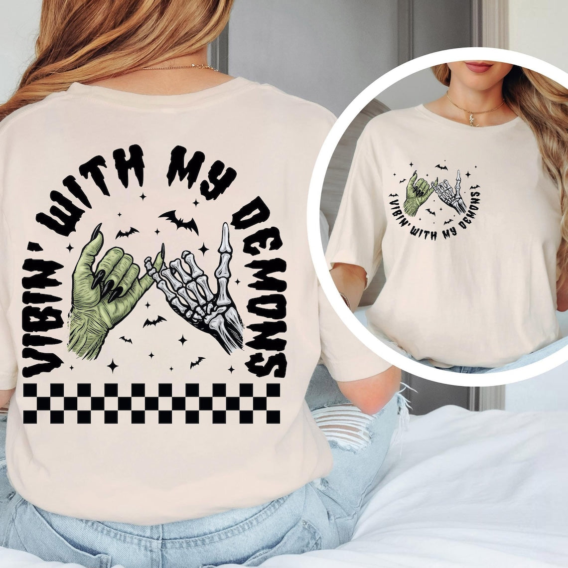 Vibin With My Demons DTF transfer shown on cream T-shirt front and back