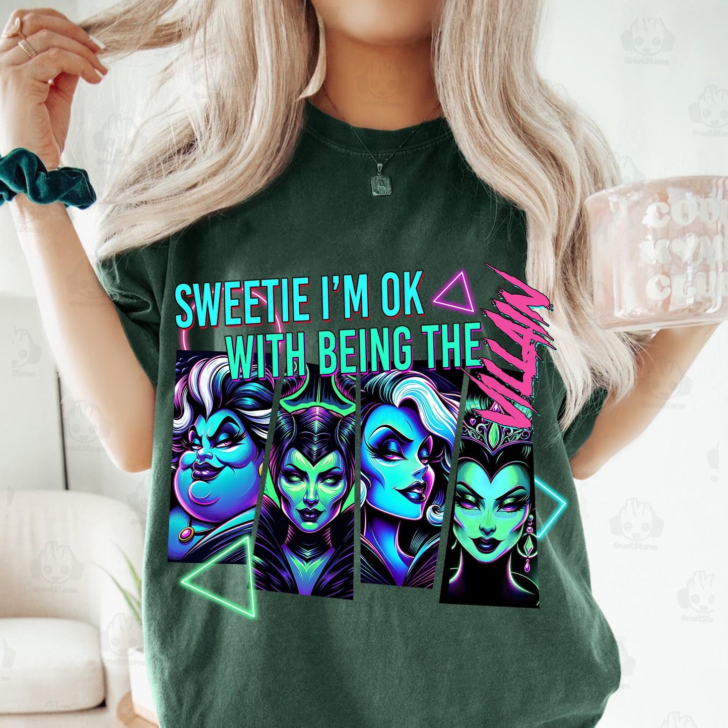 Sweetie I’m OK with Being the Villain Halloween DTF transfer on a green T-shirt