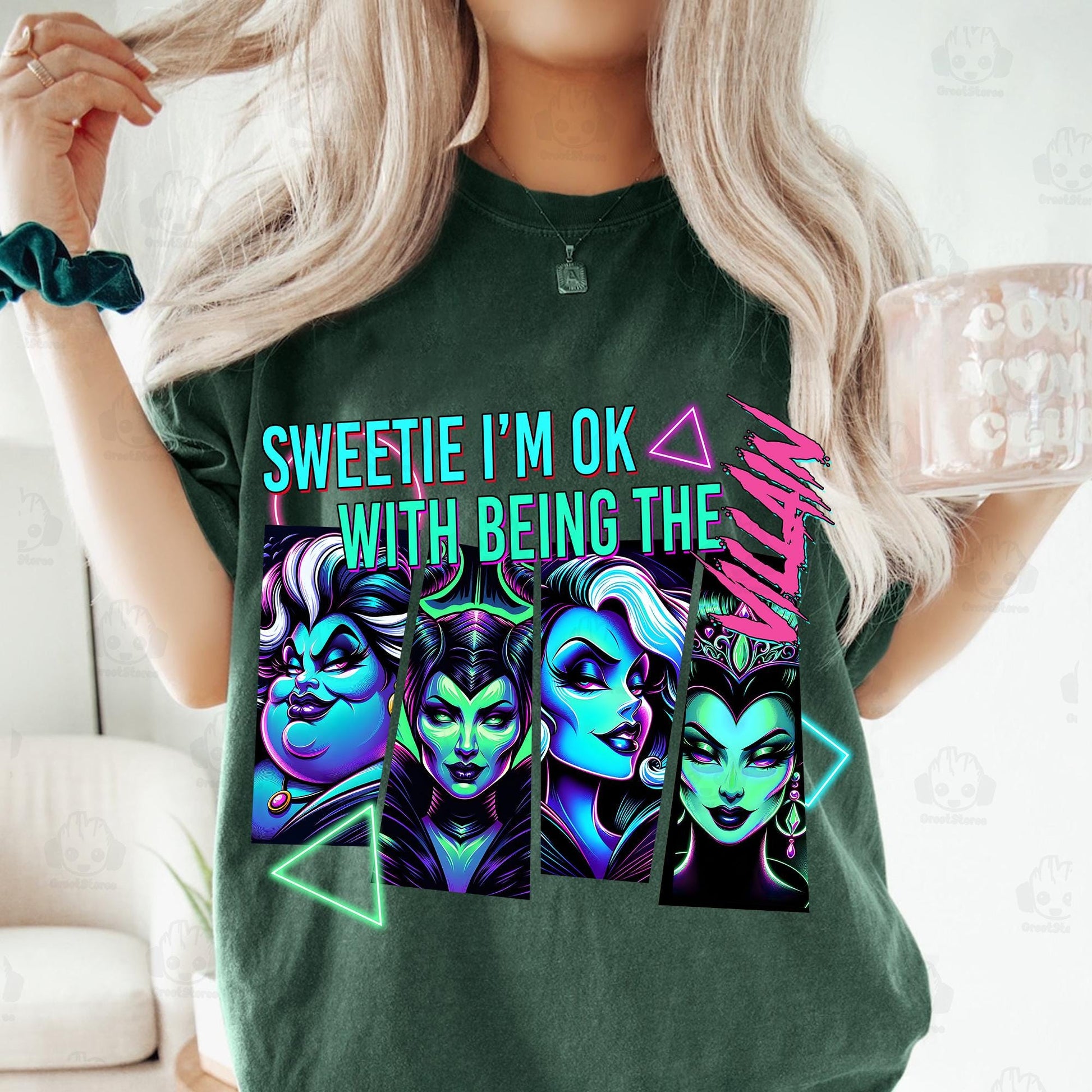 Sweetie I’m OK with Being the Villain Halloween DTF transfer on a green T-shirt