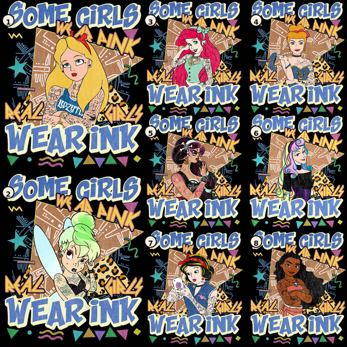 Vintage cartoon princess tattoo DTF transfer designs numbered 1 through 8