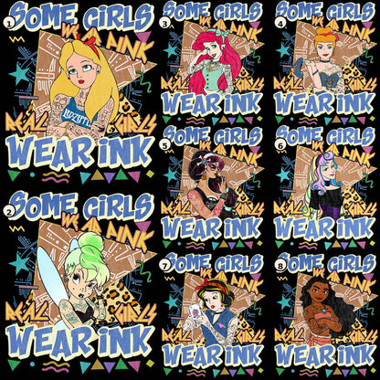 Vintage cartoon princess tattoo DTF transfer designs numbered 1 through 8