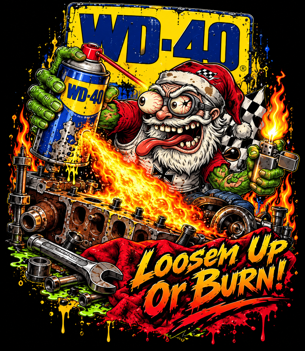 WDD-40 Garage Santa - Loosen Up or Burn halftone DTF transfer for dark garments