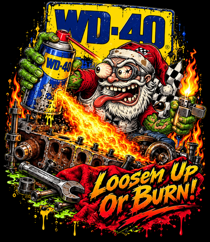WDD-40 Garage Santa - Loosen Up or Burn halftone DTF transfer for dark garments