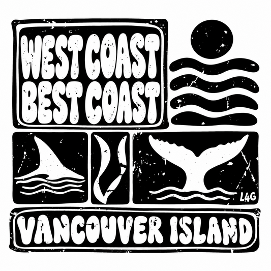 West Coast Best Coast Vancouver Island DTF transfer design with distressed coastal blocks, orca, whale tail, sun and waves