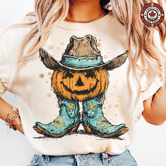 Western Pumpkin Cowboy Boots DTF transfer on a cream T-shirt
