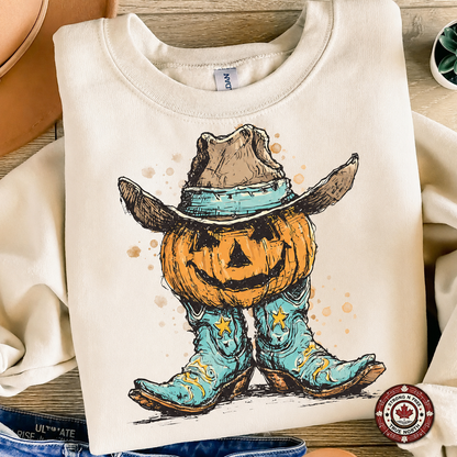 Western Pumpkin Cowboy Boots DTF transfer on a cream sweatshirt