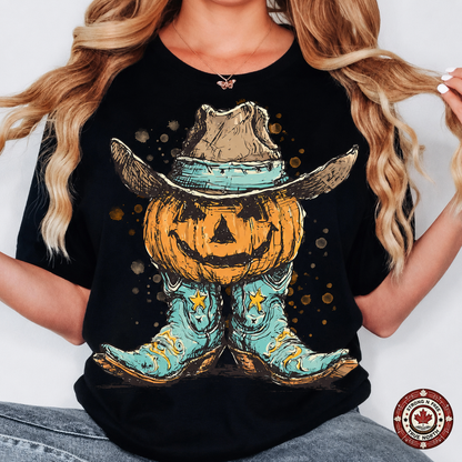 Western Pumpkin Cowboy Boots DTF transfer on a black T-shirt