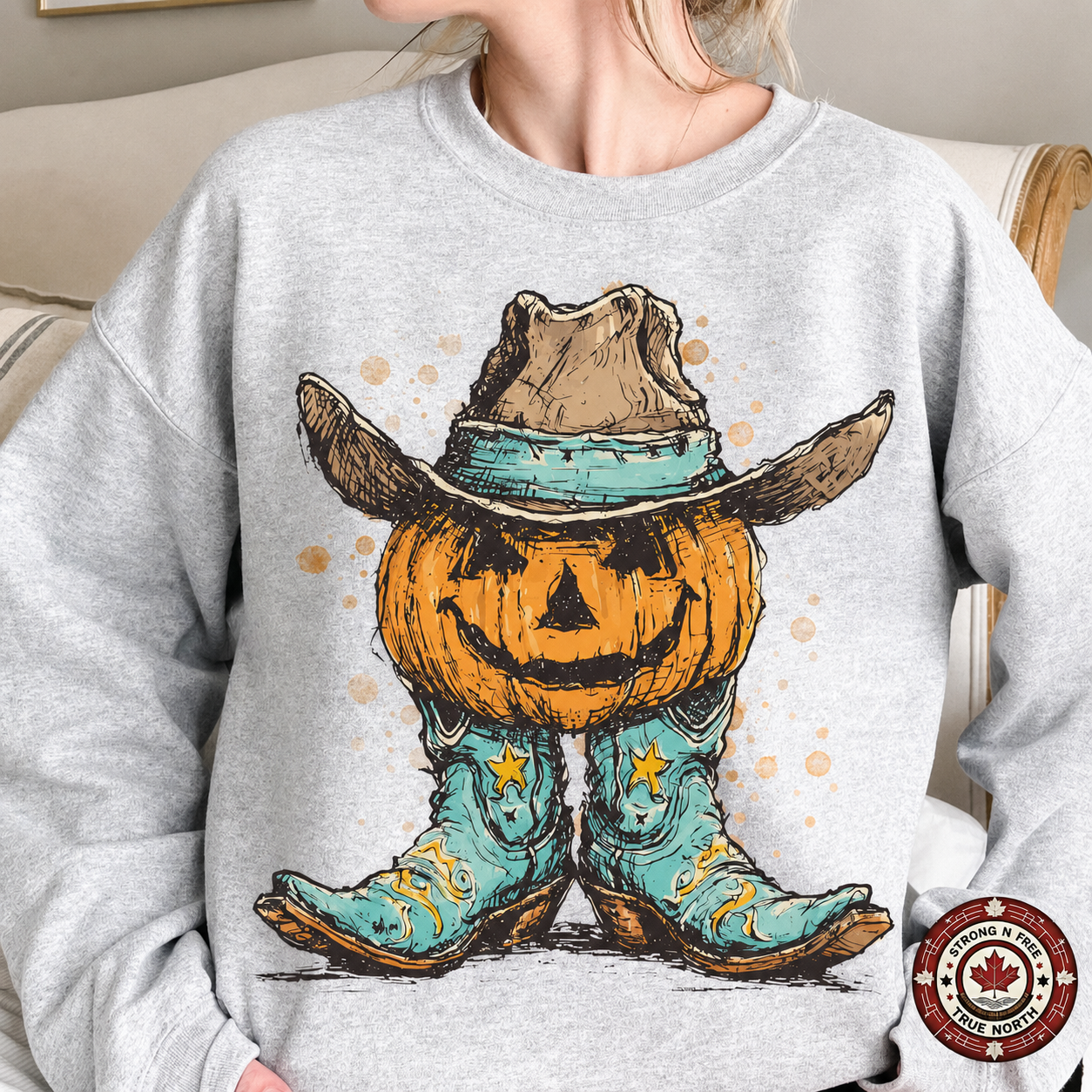 Western Pumpkin Cowboy Boots DTF transfer on a gray sweatshirt