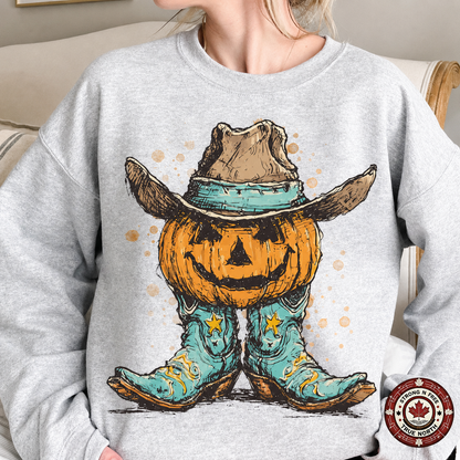 Western Pumpkin Cowboy Boots DTF transfer on a gray sweatshirt