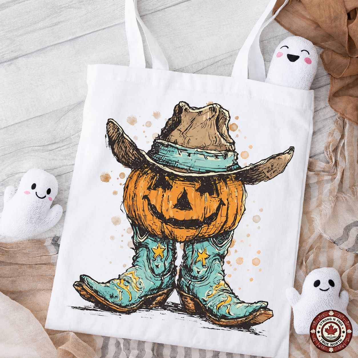 Western Pumpkin Cowboy Boots DTF transfer on a tote bag