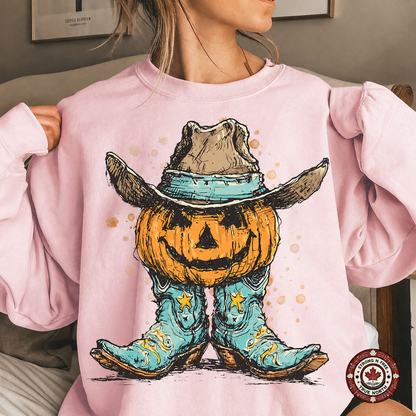 Western Pumpkin Cowboy Boots DTF transfer on a pink sweatshirt