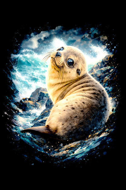 Seal Pup by the Waves halftone DTF transfer artwork
