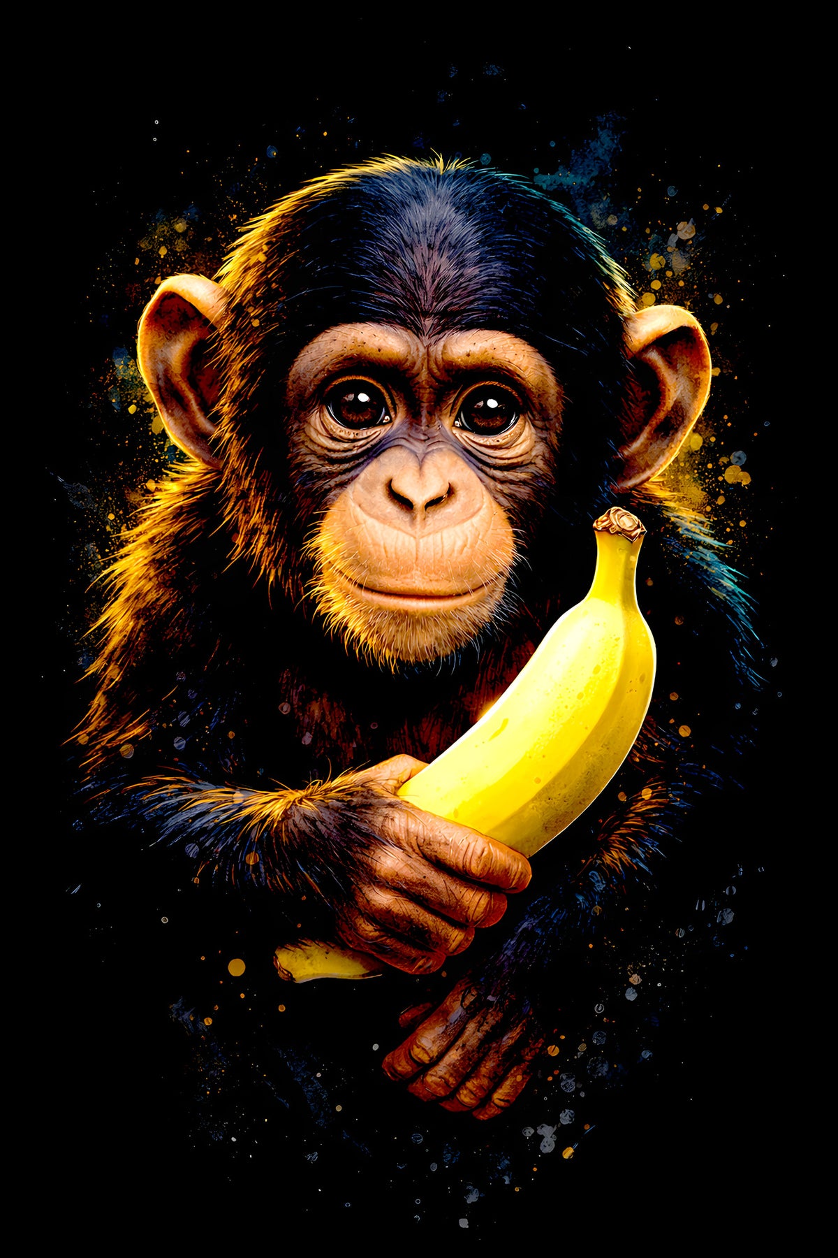 Baby Chimpanzee with Banana halftone DTF transfer artwork