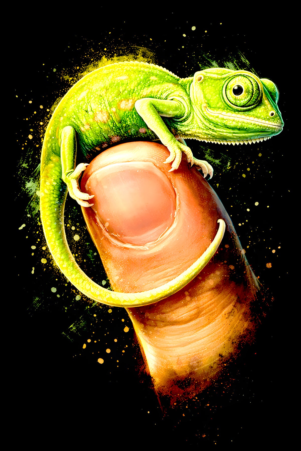 Tiny Chameleon on a Thumb halftone DTF transfer artwork