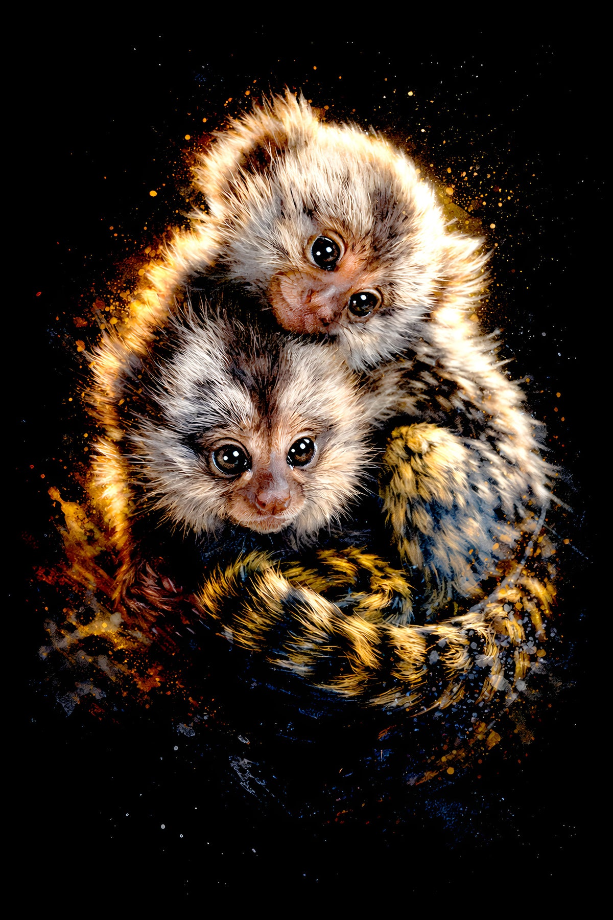 Cuddling Baby Marmosets halftone DTF transfer artwork