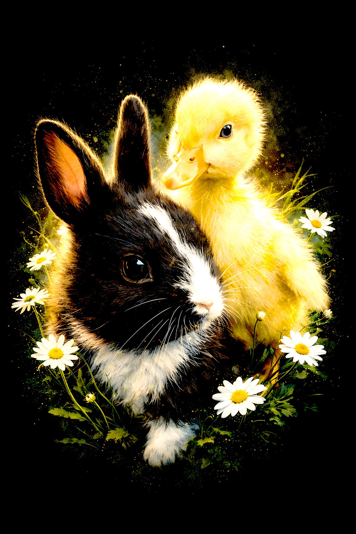 Bunny and Duckling with Daisies halftone DTF transfer artwork