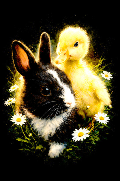 Bunny and Duckling with Daisies halftone DTF transfer artwork