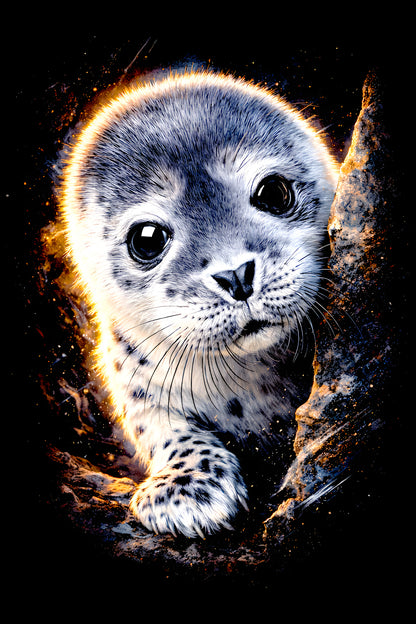 Curious Spotted Seal Pup halftone DTF transfer artwork