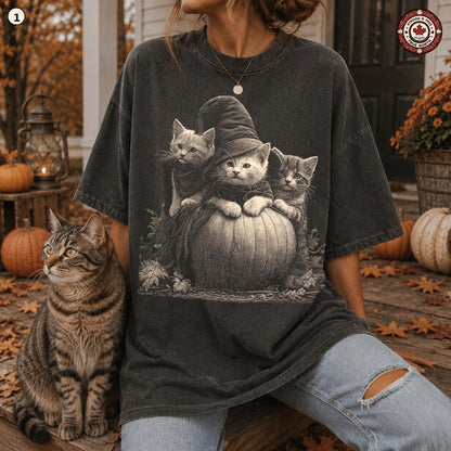 Witch cat kittens and pumpkin DTF transfer mockup 1, design 1