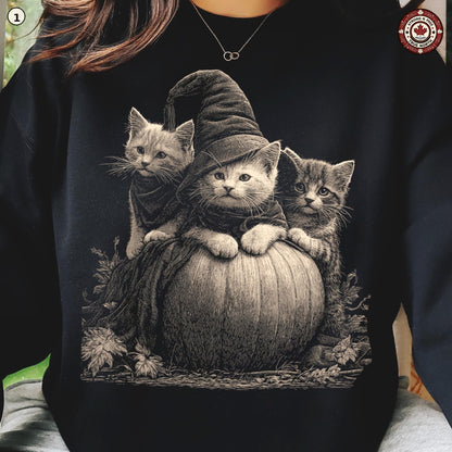 Witch cat kittens and pumpkin DTF transfer mockup 2, design 1