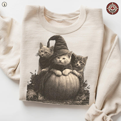 Witch cat kittens and pumpkin DTF transfer mockup 3, design 1