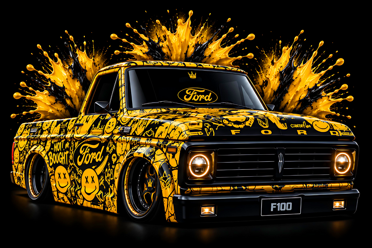 DTF Transfer Halftone - Yellow Graffiti Ford F100 Pickup Truck