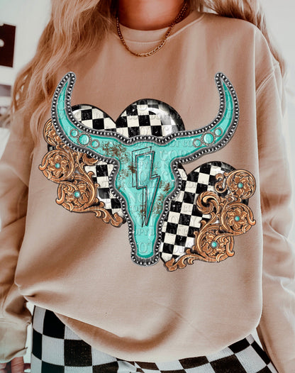 Western Bull Skull T-Shirt or Sweatshirt - Rustic Boho Style .