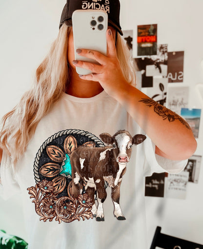 Western Cow T-Shirt Sweatshirt or Hoodie with Turquoise Accents - Perfect for Country Lovers .