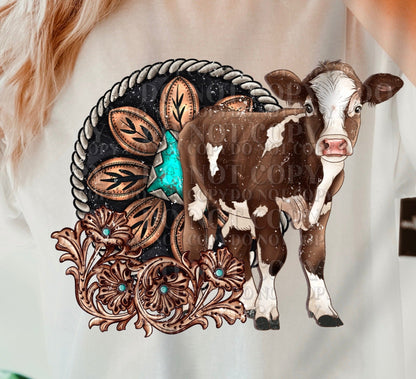 Western Cow T-Shirt Sweatshirt or Hoodie with Turquoise Accents - Perfect for Country Lovers .