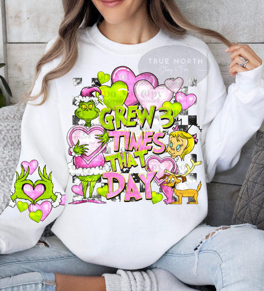 Valentines Grinchy Heart Sweatshirt or T-Shirt - Two Sizes Checkered Sleeves Offered .