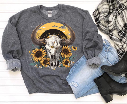 Western Rustic Cow Skull T-Shirt or Sweatshirt - Boho Style .