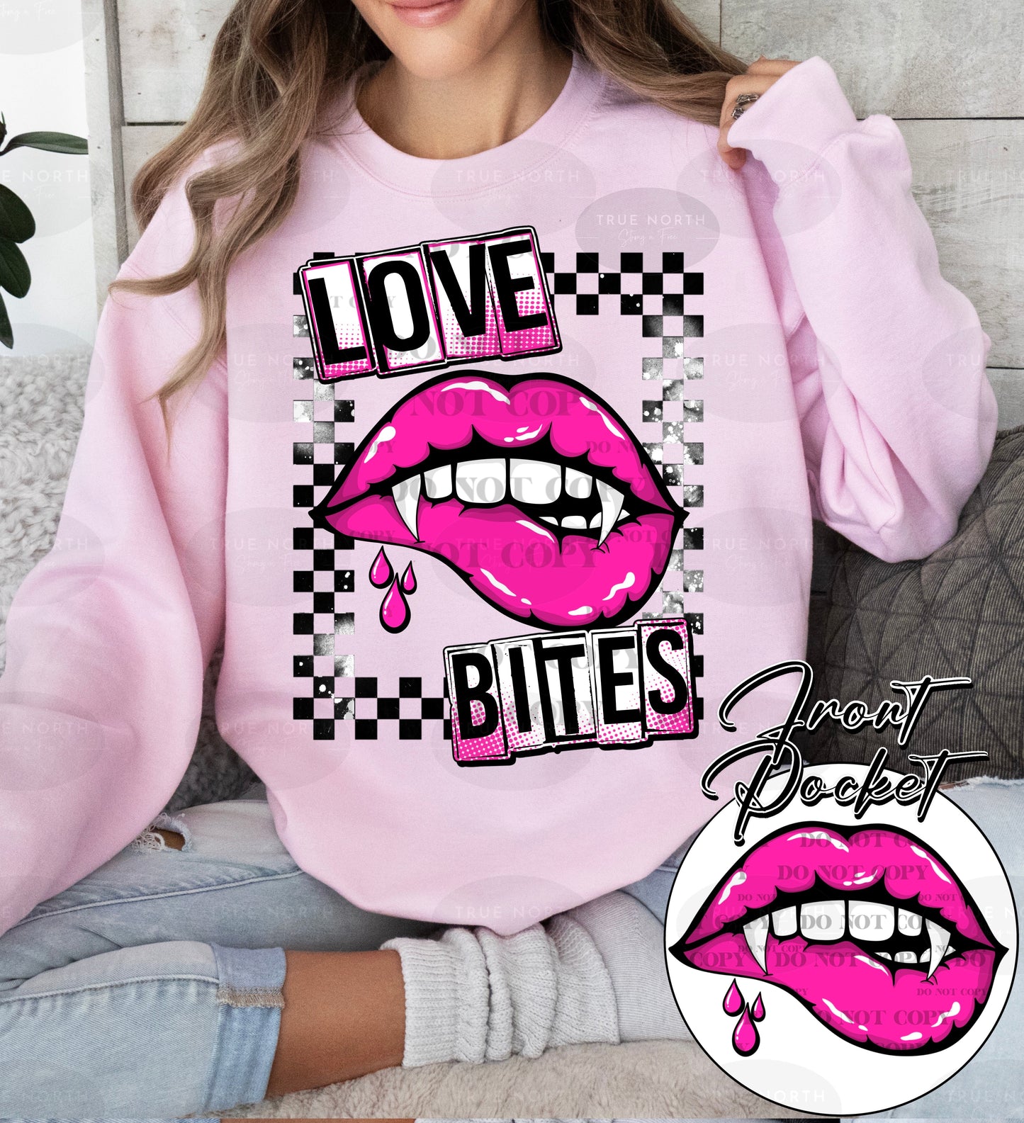 a woman wearing a pink sweater with pink lipstick on it