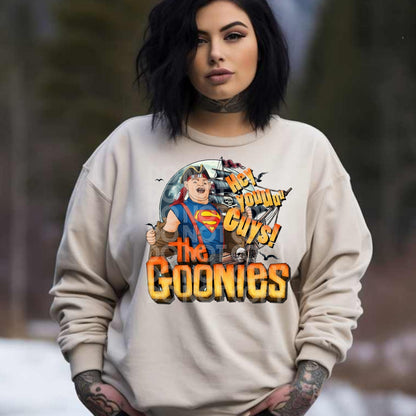 a woman with black hair wearing a sweatshirt that says the goonies