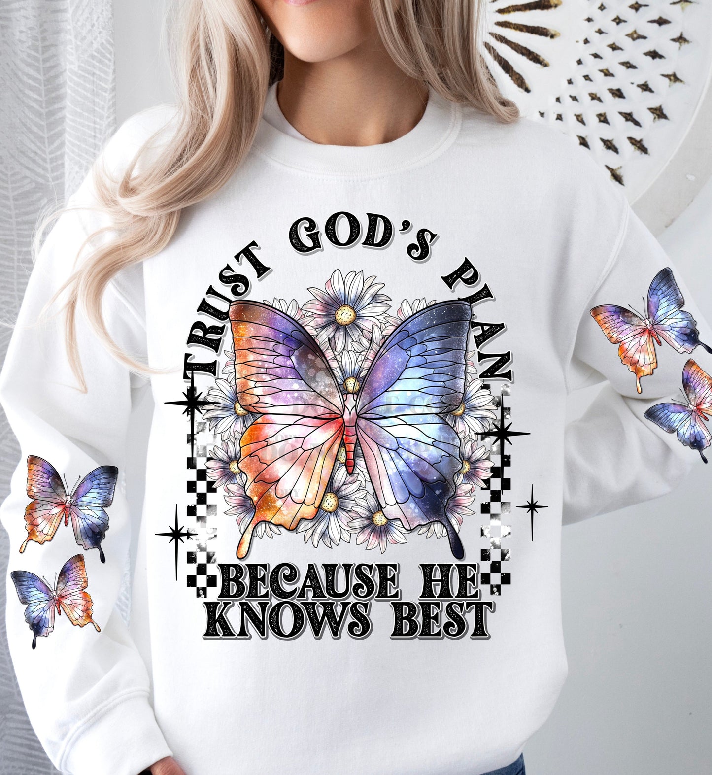Christian Trust Gods Plan Butterfly Sweatshirt or T-Shirt with Sleeve Print - Inspirational Clothing for Men and Women
