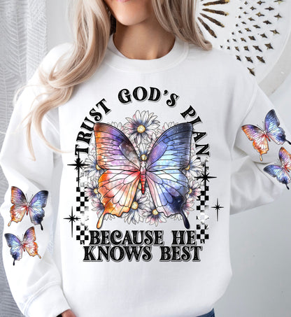 Christian Trust Gods Plan Butterfly Sweatshirt or T-Shirt with Sleeve Print - Inspirational Clothing for Men and Women