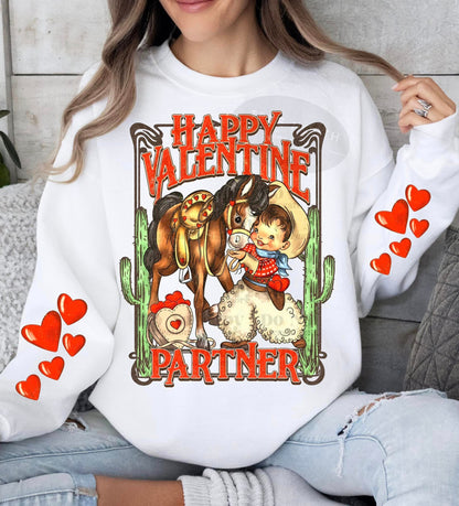 a woman wearing a happy valentine's day shirt