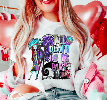 a woman wearing a t - shirt that says all death do us part