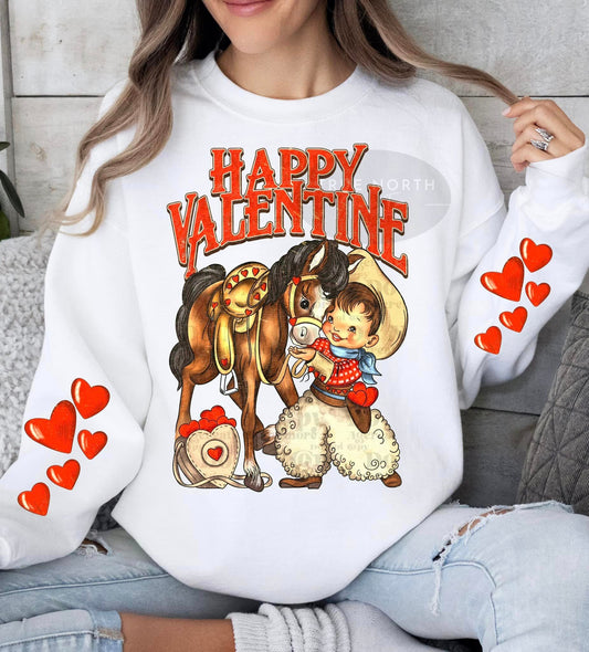 a woman wearing a happy valentine sweater with a horse and dog on it
