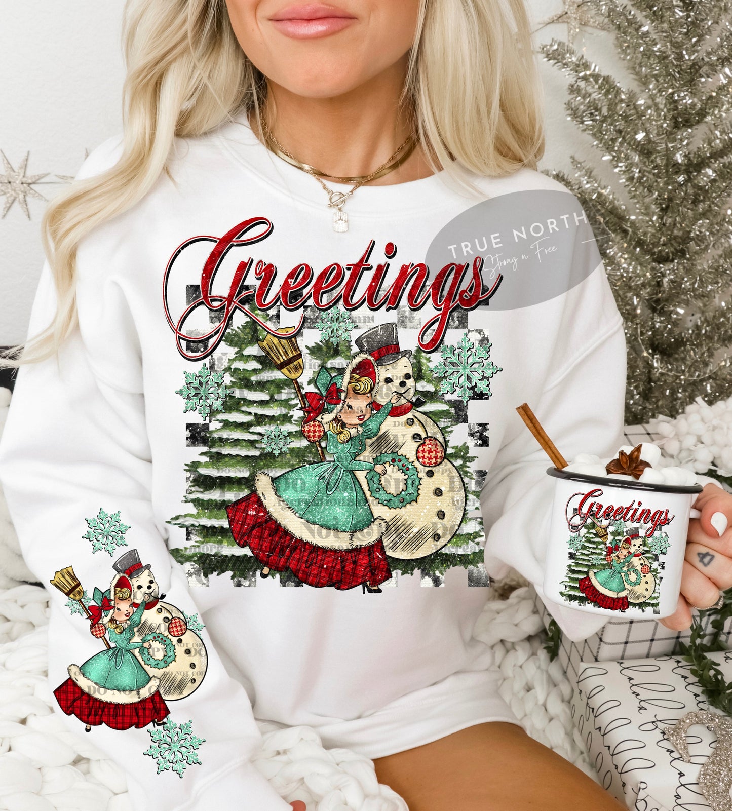 Vintage Christmas Greetings Sweatshirt or T-Shirt with Sleeves - Festive Holiday Apparel