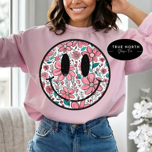 Summer Smiley Face Floral Print T-Shirt or Sweatshirt - Jumbo Offered .