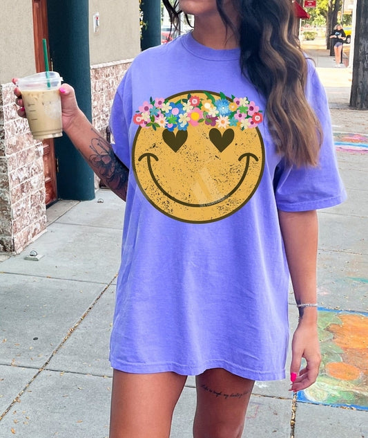 T-Shirt Or Sweatshirt Hoodie  Retro Happy Face  Flowers Vintage style .