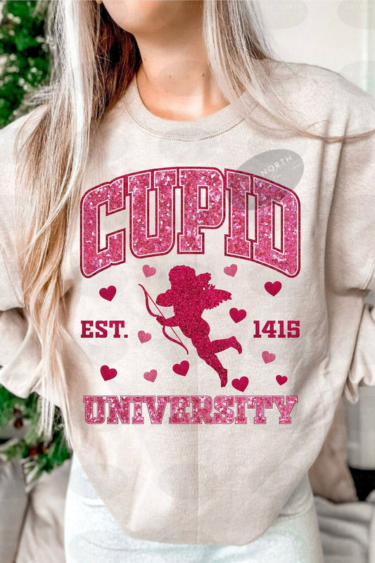 a woman wearing a sweatshirt with a cupid on it