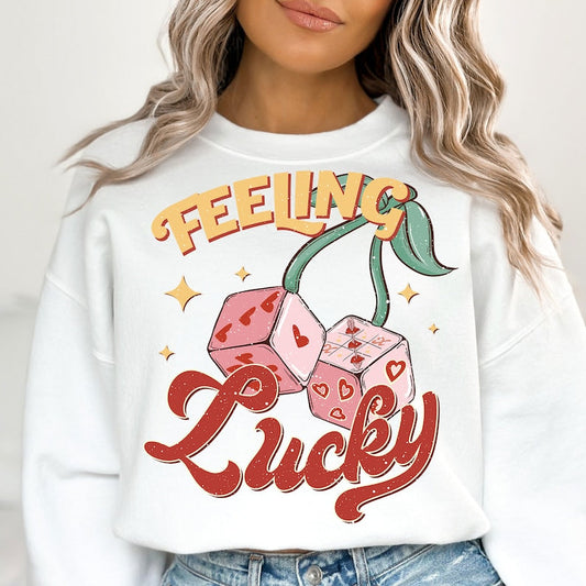 a woman wearing a white sweatshirt that says feeling lucky