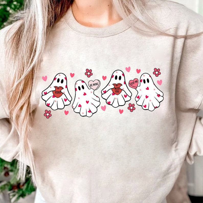 Valentines Ghost Hearts Sweater or T-Shirt - Cute  Cozy for the Holiday Season .
