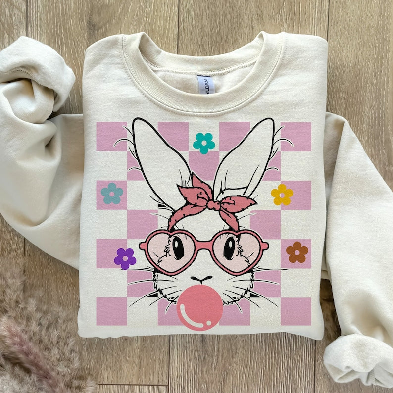 Pink Squares Easter Bunny T-Shirt or Sweatshirt Fun Easter Outfit .