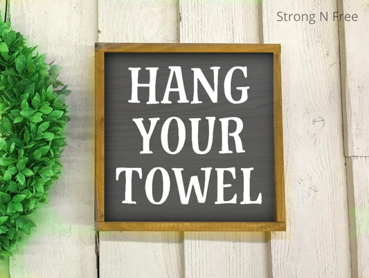 Hang Your Towel | Kids Funny Bathroom Wood Sign | Guest Bathroom Wall Decor | Humorous Restroom Framed Wall Art