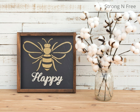 Be happy spring sign decor, bee happy, wooden signs, bee decor, bee decorations, farmhouse signs, summer signs, happy decor, black and white