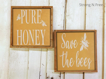 Pure Honey Set, bee happy, wooden signs, bee decor, bee decorations, farmhouse signs, summer signs, happy decor, black and white